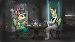 Size: 960x540 | Tagged: safe, artist:giantmosquito, fluttershy, human, pegasus, pony, briar rose, clothes, crossover, cup, disney, disney princess, dr adorable, dress, female, flower, food, goggles, hoof hold, laboratory, mare, princess aurora, rose, sitting, sleeping beauty, tea, tea party, teacup, teapot