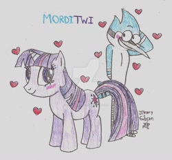 Size: 1024x956 | Tagged: safe, artist:celmationprince, derpibooru import, twilight sparkle, crossover, crossover shipping, mordecai, mordetwi, regular show, shipping, traditional art, watermark