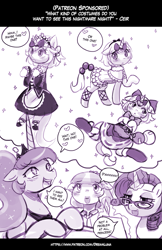 Size: 755x1166 | Tagged: safe, artist:lumineko, coco pommel, princess luna, rarity, oc, oc:neko heart, earth pony, pony, unicorn, anime, clothes, cosplay, costume, cute, dress, monochrome, ocbetes, smiling, thought bubble