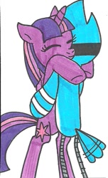 Size: 441x727 | Tagged: safe, artist:cmara, derpibooru import, twilight sparkle, twilight sparkle (alicorn), alicorn, pony, crossover, female, hug, mare, mordecai, regular show, traditional art