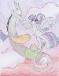 Size: 2550x3300 | Tagged: safe, artist:lacedra, derpibooru import, discord, twilight sparkle, twilight sparkle (alicorn), alicorn, pony, alternate hairstyle, discolight, female, flying, male, mare, rainbow power, shipping, straight, traditional art