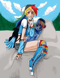 Size: 1280x1656 | Tagged: safe, artist:katerpus, rainbow dash, converse, humanized, shoes, skateboard