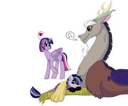 Size: 1342x1118 | Tagged: safe, artist:silcybell, derpibooru import, discord, twilight sparkle, twilight sparkle (alicorn), oc, oc:cheshire, alicorn, hybrid, pony, discolight, female, heart, interspecies offspring, male, mare, music notes, offspring, parent:discord, parent:twilight sparkle, parents:discolight, shipping, singing, straight