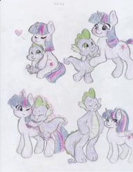 Size: 2550x3300 | Tagged: safe, artist:lacedra, derpibooru import, spike, twilight sparkle, twilight sparkle (alicorn), alicorn, dragon, pony, alternate hairstyle, baby dragon, baby spike, cute, female, filly, filly twilight sparkle, growing up, heart, hug, levitation, magic, mama twilight, mare, older, older spike, ponytail, rainbow power, spikabetes, spikelove, telekinesis, traditional art, twiabetes