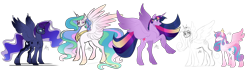 Size: 4100x1159 | Tagged: safe, artist:wolfyfree, princess cadance, princess celestia, princess flurry heart, princess luna, twilight sparkle, twilight sparkle (alicorn), alicorn, pony, alicorn pentarchy, rearing, simple background, transparent background