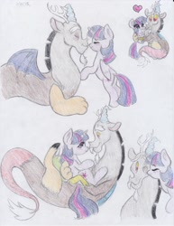 Size: 2550x3300 | Tagged: safe, artist:lacedra, derpibooru import, discord, twilight sparkle, twilight sparkle (alicorn), alicorn, pony, discolight, female, holding a pony, kissing, male, mare, nuzzling, shipping, straight, traditional art