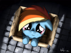 Size: 3066x2280 | Tagged: safe, artist:neko-me, rainbow dash, pegasus, pony, box, crying, female, filly, filly rainbow dash, foal, pony in a box, solo, younger