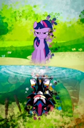 Size: 1202x1826 | Tagged: safe, artist:ultimate-xovers, derpibooru import, twilight sparkle, angry, crossover, lake, reflection, shadow the hedgehog, sonic the hedgehog (series)