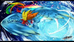 Size: 1488x842 | Tagged: safe, artist:otakurarii, rainbow dash, pegasus, pony, action pose, flying, water