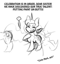 Size: 1000x1073 | Tagged: safe, artist:lil miss jay, princess luna, alicorn, pony, dialogue, eyes closed, fake cutie mark, female, floating horn, floating wings, levitation, magic, mare, monochrome, offscreen character, paintbrush, silly, silly pony, simple background, sketch, solo, telekinesis, white background