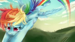 Size: 1920x1080 | Tagged: safe, artist:dream--chan, rainbow dash, pegasus, pony, crying, flying, messy mane, rainbow, rainbow trail, solo