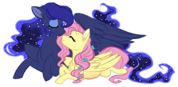 Size: 1024x505 | Tagged: safe, artist:azure-art-wave, fluttershy, princess luna, alicorn, pegasus, pony, eyes closed, female, lesbian, lunashy, magical lesbian spawn, missing horn, nuzzling, pregnant, prone, shipping, simple background, smiling, transparent background