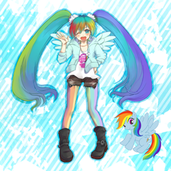 Size: 600x600 | Tagged: safe, artist:chimaki, rainbow dash, humanized, pigtails, pixiv