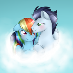 Size: 1024x1024 | Tagged: safe, artist:kitsunewolf95, rainbow dash, soarin', pegasus, pony, blushing, cuddling, female, male, romantic, shipping, soarindash, straight