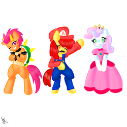 Size: 800x800 | Tagged: safe, artist:fatcakes, apple bloom, scootaloo, sweetie belle, pony, 30 minute art challenge, bipedal, bowser, cosplay, costume, cutie mark crusaders, mario, nintendo, princess peach, simple background, super mario bros., white background