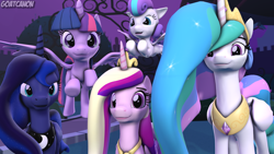 Size: 3840x2160 | Tagged: safe, artist:goatcanon, princess cadance, princess celestia, princess flurry heart, princess luna, twilight sparkle, twilight sparkle (alicorn), alicorn, pony, 3d, alicorn pentarchy, cute, royal family, royal sisters, source filmmaker