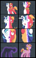 Size: 5000x8000 | Tagged: safe, artist:chedx, big macintosh, shining armor, oc, oc:home defence, earth pony, pony, unicorn, comic:the fusion flashback, butt, comic, commissioner:bigonionbean, flank, forced, fuse, fused, fusion, fusion:home defence, magic, merging, plot, potion, swelling, writer:bigonionbean