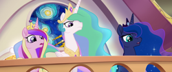 Size: 1920x804 | Tagged: safe, screencap, princess cadance, princess celestia, princess luna, alicorn, pony, my little pony: the movie, alicorn triarchy, angry, balcony, canterlot castle, crown, ethereal mane, jewelry, regalia, stained glass, surprised, trio