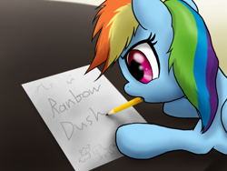 Size: 800x600 | Tagged: safe, artist:dawnmistpony, edit, rainbow dash, pegasus, pony, fanfic:my little dashie, female, filly, filly rainbow dash, misspelling, mouth hold, pencil, solo, writing, younger