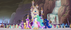 Size: 1920x804 | Tagged: safe, screencap, applejack, cornsilk, dawn sunrays, fluttershy, pinkie pie, princess cadance, princess celestia, princess luna, rainbow dash, rarity, spike, twilight sparkle, twilight sparkle (alicorn), alicorn, dragon, earth pony, pegasus, pony, unicorn, my little pony: the movie, alicorn tetrarchy, angry, background pony, canterlot, canterlot castle, crowd, crown, determined, female, invasion, jewelry, male, mane seven, mane six, mare, regalia, scared, serious, serious face, stallion, surprised, toadstool blossom, unnamed pony, waterfall