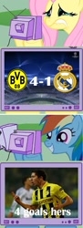 Size: 560x1544 | Tagged: safe, fluttershy, rainbow dash, pegasus, pony, borussia dortmund, exploitable meme, fluttercry, football, real madrid, robert lewandowski, sports, tv meme, uefa champions league