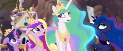 Size: 1920x804 | Tagged: safe, screencap, princess cadance, princess celestia, princess luna, twilight sparkle, twilight sparkle (alicorn), alicorn, pony, my little pony: the movie, alicorn tetrarchy, canterlot castle, crown, jewelry, open mouth, reaction image, regalia, surprised, unsure