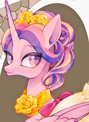 Size: 457x625 | Tagged: safe, artist:sibashen, princess cadance, alicorn, pony, bow, clothes, dress, female, headband, looking at you, makeup, mare, solo