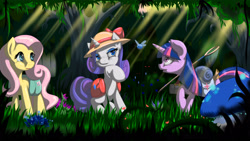 Size: 3840x2160 | Tagged: safe, artist:fairysearch, derpibooru import, fluttershy, rarity, twilight sparkle, twilight sparkle (alicorn), alicorn, parasprite, pegasus, pony, unicorn, butterfly net, everfree forest, glowing eyes, hat, saddle bag