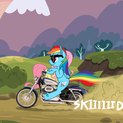 Size: 1000x1000 | Tagged: safe, artist:ponett, fluttershy, rainbow dash, pegasus, pony, motorcycle, riding