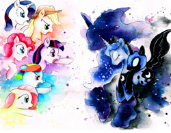 Size: 1600x1239 | Tagged: safe, artist:mashiromiku, applejack, fluttershy, nightmare moon, pinkie pie, princess luna, rainbow dash, rarity, tantabus, twilight sparkle, alicorn, earth pony, pegasus, pony, unicorn, female, mane six, mare, open mouth, traditional art