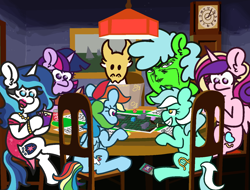 Size: 1410x1070 | Tagged: safe, artist:threetwotwo32232, lyra heartstrings, princess cadance, rainbow dash, shining armor, twilight sparkle, alicorn, pegasus, pony, unicorn, bracelet, clothes, crossdressing, dogs playing poker, dress, dungeons and dragons, eyeshadow, female, grandfather clock, jewelry, lipstick, makeup, mare, necklace, parody, pen and paper rpg, phone, rpg, yugioh card