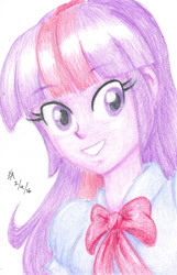 Size: 600x931 | Tagged: safe, artist:mayorlight, derpibooru import, twilight sparkle, equestria girls, bust, colored pencil drawing, looking at you, portrait, solo, traditional art