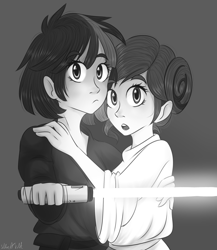 Size: 2000x2300 | Tagged: safe, artist:silbersternenlicht, derpibooru import, dusk shine, rarity, twilight sparkle, human, carrie fisher, crossover, duo, gray background, grayscale, humanized, lightsaber, luke skywalker, monochrome, princess leia, rule 63, simple background, star wars, weapon, woman