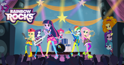 Size: 484x253 | Tagged: safe, derpibooru import, adagio dazzle, applejack, aria blaze, fluttershy, pinkie pie, rainbow dash, rarity, sonata dusk, twilight sparkle, equestria girls, rainbow rocks, mane six, official, singing, the dazzlings, the rainbooms