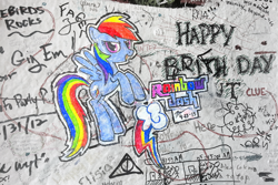 Size: 3264x2176 | Tagged: safe, artist:mushrooshi, rainbow dash, pegasus, pony, blue coat, female, graffiti, mare, multicolored mane, sharpie, solo