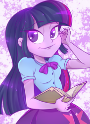 Size: 705x971 | Tagged: safe, artist:bansheekisara, artist:lunchie, derpibooru import, twilight sparkle, twilight sparkle (alicorn), alicorn, equestria girls, rainbow rocks, book, clothes, shine like rainbows, skirt, solo