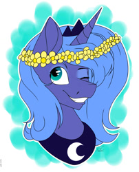 Size: 946x1169 | Tagged: safe, artist:ggchristian, princess luna, alicorn, pony, bust, collar, female, floral head wreath, flower, jewelry, mare, necklace, one eye closed, portrait, regalia, s1 luna, smiling, solo, wink