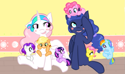 Size: 815x482 | Tagged: safe, artist:theluckyangel, derpibooru import, applejack, fluttershy, pinkie pie, princess celestia, princess luna, rainbow dash, rarity, twilight sparkle, alicorn, earth pony, pegasus, pony, unicorn, babysitting, cute, cutelestia, daaaaaaaaaaaw, dashabetes, daycare, diapinkes, filly, filly applejack, filly fluttershy, filly pinkie pie, filly rainbow dash, filly rarity, filly twilight sparkle, jackabetes, lunabetes, mane six, momlestia, raribetes, shyabetes, twiabetes, weapons-grade cute, young, younger