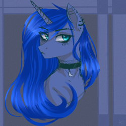 Size: 3000x3000 | Tagged: safe, artist:alicesmitt31, princess luna, alicorn, pony, bust, choker, ear piercing, earring, female, jewelry, mare, piercing, portrait, solo