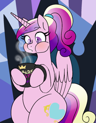 Size: 985x1269 | Tagged: safe, artist:/d/non, princess cadance, alicorn, pony, alternate hairstyle, female, mare, mug, ponytail, sitting, solo, steam, throne