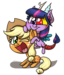 Size: 1360x1588 | Tagged: safe, artist:alittleofsomething, derpibooru import, applejack, twilight sparkle, draconequus, discord sparkle, ear bite, species swap