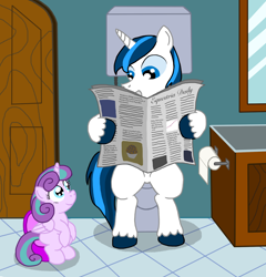Size: 1812x1889 | Tagged: safe, anonymous artist, princess flurry heart, shining armor, pony, unicorn, anatomically incorrect, bathroom, but why, daughter, equestria daily, father, father and child, father and daughter, female, looking at each other, male, newspaper, parent and child, ponies doing human things, potty, potty time, potty training, reading, toilet, toilet paper