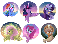 Size: 1000x748 | Tagged: safe, artist:kallarmo, derpibooru import, applejack, fluttershy, pinkie pie, rainbow dash, rarity, twilight sparkle, twilight sparkle (alicorn), alicorn, earth pony, pegasus, pony, unicorn, cloud, female, forelegs crossed, looking at you, looking up, mane six, mare, moon, night, puffy cheeks, spread wings, stars, twilight (astronomy), wings