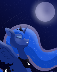 Size: 2000x2500 | Tagged: safe, artist:starstruckmana, princess luna, alicorn, pony, eyes closed, female, mare, moon, night, signature, solo, spread wings, starry night, stars, wings