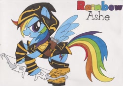 Size: 900x633 | Tagged: safe, artist:xarazel, rainbow dash, pegasus, pony, ashe, costume, league of legends