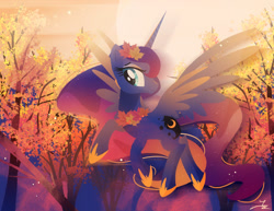 Size: 800x618 | Tagged: safe, artist:ii-art, princess luna, alicorn, pony, autumn, female, flying, hoof shoes, jewelry, leaves, mare, nature, necklace, solo, spread wings, tree, wings