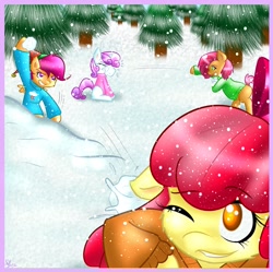 Size: 1200x1194 | Tagged: safe, artist:fatcakes, apple bloom, babs seed, scootaloo, sweetie belle, cutie mark crusaders, snow, snowball fight, snowfall