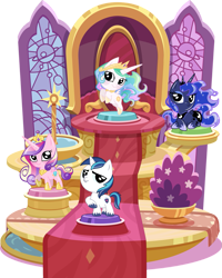 Size: 799x1000 | Tagged: safe, princess cadance, princess celestia, princess luna, shining armor, alicorn, pony, unicorn, castle, cute, cutedance, cutelestia, lunabetes, pocket ponies, shining adorable, simple background, sitting, throne, transparent background, window