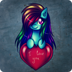 Size: 1024x1024 | Tagged: safe, artist:crazyrainbow0, rainbow dash, pegasus, pony, hair over one eye, heart, solo