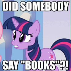 Size: 502x503 | Tagged: safe, derpibooru import, edit, edited screencap, screencap, fluttershy, twilight sparkle, unicorn twilight, pegasus, pony, unicorn, games ponies play, adorkable, animated, book, bookhorse, crystal empire, cute, dork, excited, female, grin, image macro, looking back, mare, meme, purple smart, smiling, that pony sure does love books, twiabetes, twilight fuel, wide eyes